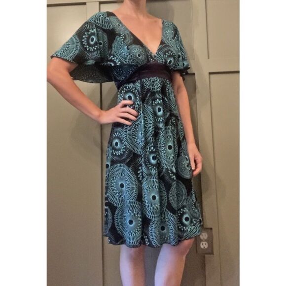 MY Michelle Y2K Deep V-Neck Flutter Sleeve Printed Dress Black & Teal Size Small - Picture 4 of 11
